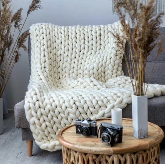 Hand Knitted Merino Wool Blanket Soft Chunky Throw All Season Cozy