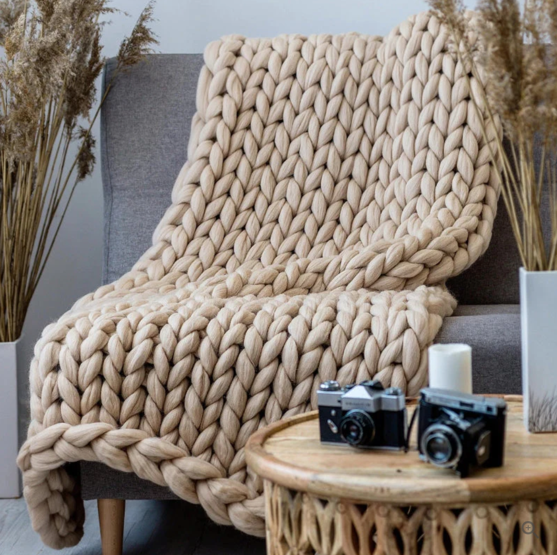 Hand Knitted Merino Wool Blanket Soft Chunky Throw All Season Cozy