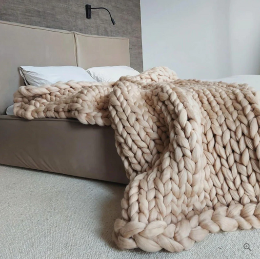 Hand Knitted Merino Wool Blanket Soft Chunky Throw All Season Cozy